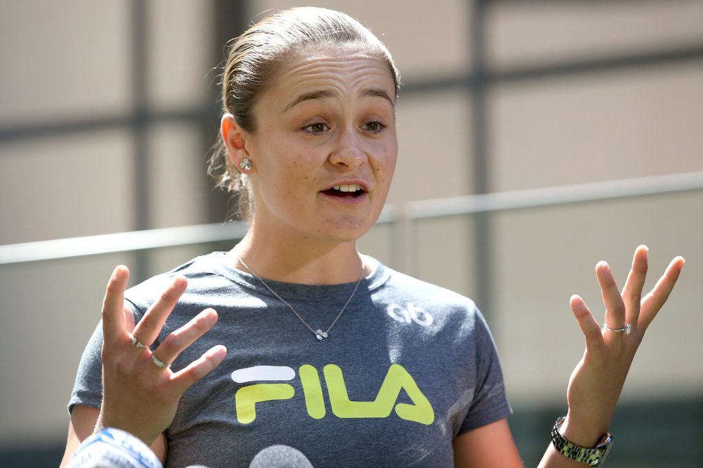 Ashleigh Barty speaks to the media the day after announcing her retirement from tennis at the age of 25, less than two months after winning the Australian Open in Melbourne. (AAP Image/Jono Searle) 