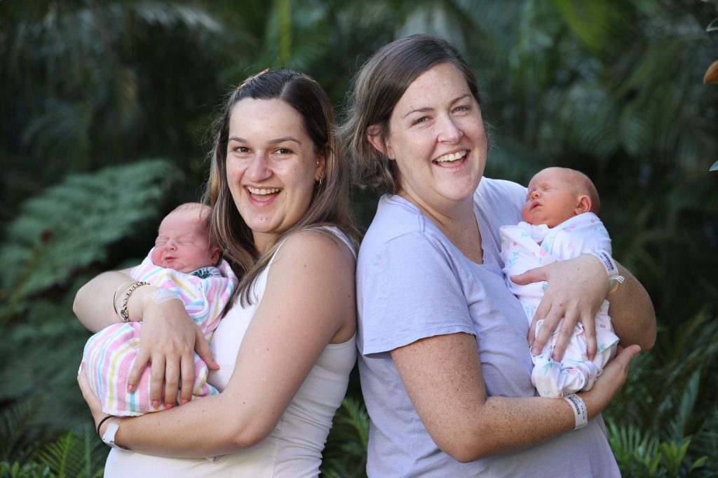 Sisters Kate Albion and Jessica Lane and their newborn "flood babies" Joseph and Isobel. (Photo: Supplied)