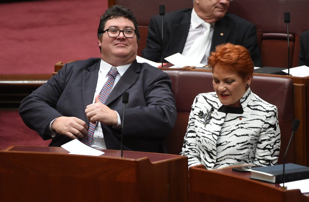Former Liberal member for Dawson George Christensen and One Nation leader Senator Pauline Hanson in the Senate marking the start of the 45th Parliament. (AAP Image/Mick Tsikas) 