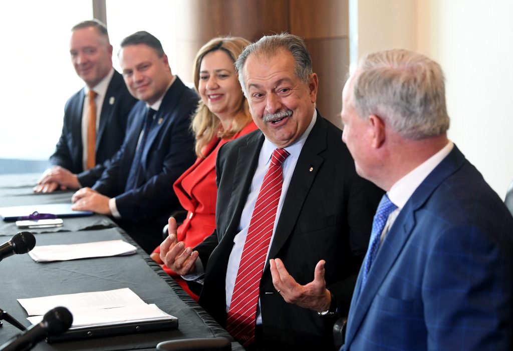 Brisbane 2032 OCOG President, Andrew Liveris (2nd from right) is seen during an Organising Committees for the Olympic Games (OCOG) press conference in Brisbane.  (AAP Image/Darren England) 