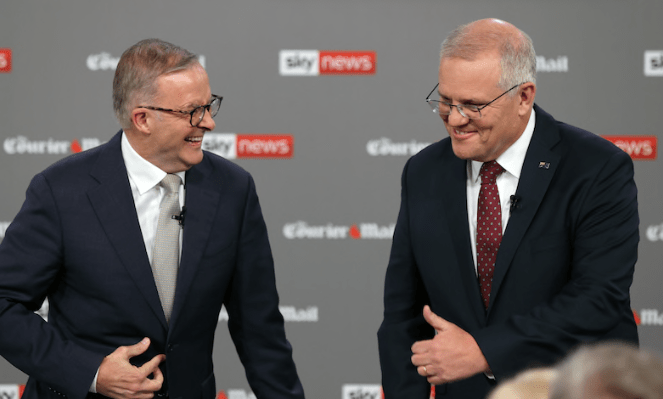 Opposition Leader Anthony Albanese and Prime Minister Scott Morrison square off in the leaders' debate. (Image: (AAP: Toby Zerna)