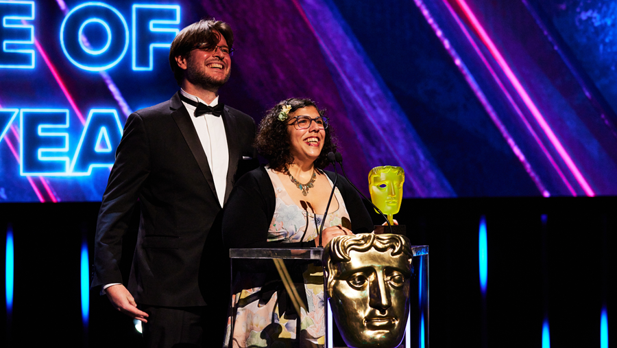 Witch Beam's Tim Dawson and Wren Brier accepting the BAFTA Games Award for Unpacking
(Photo: Hannah Taylor courtesy of BAFTA)