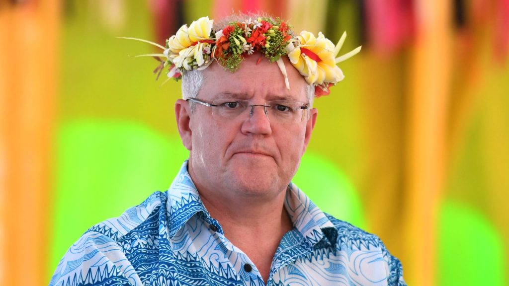 Prime Minister Scott Morrison arrives for the Pacific Islands Forum in Funafuti, Tuvalu, back in August, 2019. The government's handling of Pacific relationships has become a campaign burden. (AAP Image/Mick Tsikas)