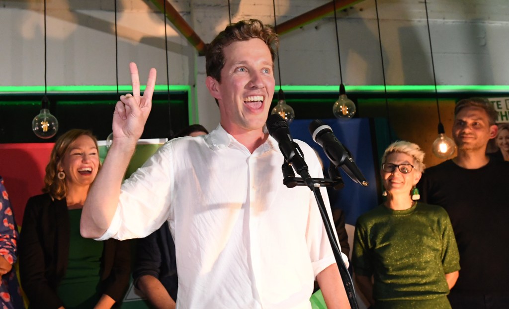 Greens  Member for Griffith Max Chandler-Mather, pictured on election night. (AAP Image/Darren England) 