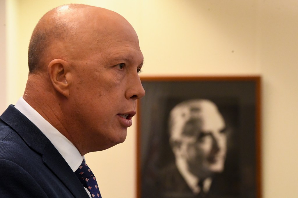 Newly elected Leader of the Liberal Party Peter Dutton speaks to the media after a party room meeting in Canberra. (AAP Image/Lukas Coch)