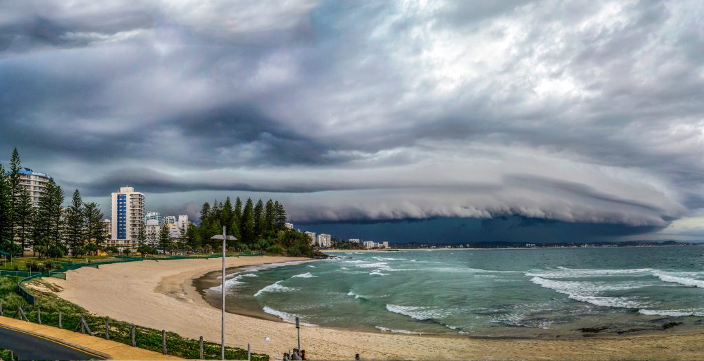 A storm cell brews over over Kirra on the Gold Coast. 