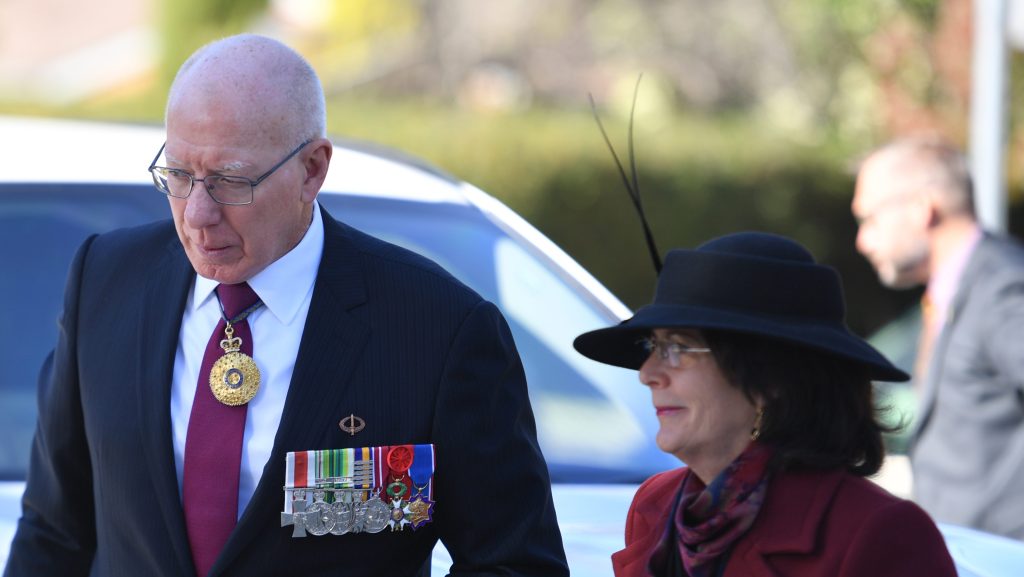 Governor-General David Hurley and wife Linda Hurley arrive for a commemorative ANZAC service at the Sir Leslie Morshead Manor, El Alamein Village in Canberra in Canberra, Friday, April 16, 2021. (AAP Image/Mick Tsikas) NO ARCHIVING