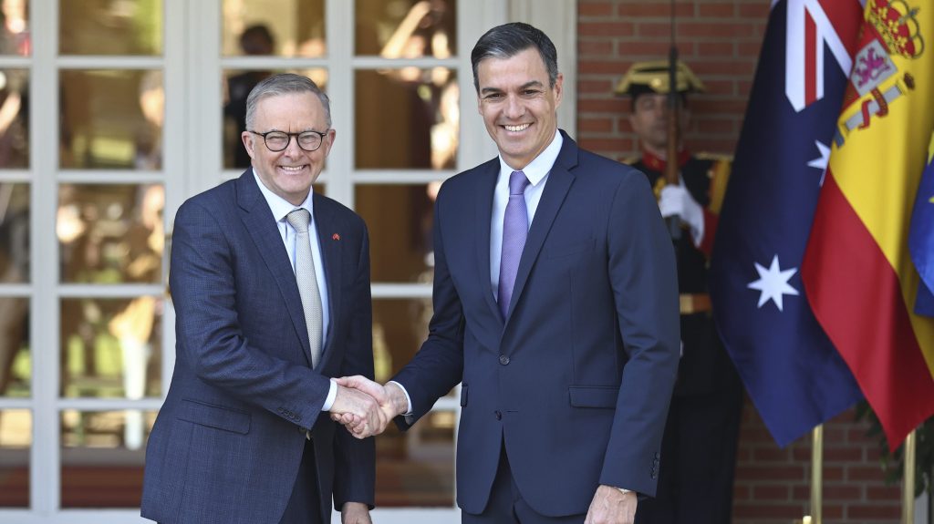 Australia's Prime Minister Anthony Albanese, left, shakes hands with Spain's Premier Pedro Sanchez before a meeting at the Moncloa Palace in Madrid, Spain, Tuesday. (Eduardo Parra/Europa Press via AP)