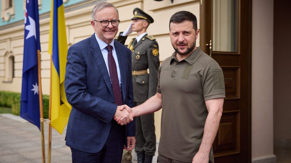 Handout photo of President of Ukraine Volodymyr Zelenskyy greets Prime Minister of Australia Anthony Albanese ahead of their meeting in Kyiv, capital of Ukraine on July 3, 2022. Photo by Ukrainian Presidency via ABACAPRESS.COM.