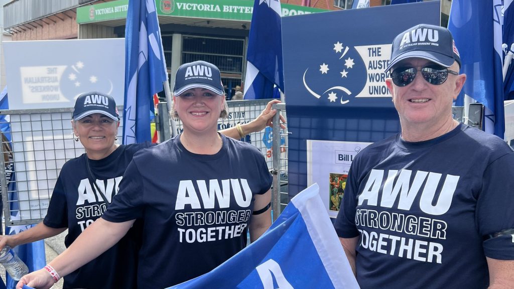 Stacey Schinnerl (centre) with AWU president Marina Chambers (left) and outgoing state secretary Steve Baker at this year's Labour Day march. (Image supplied)