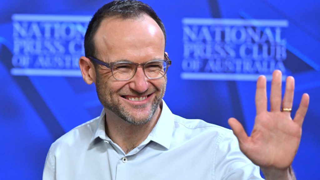 Australian Greens leader Adam Bandt at the National Press Club in Canberra, Wednesday, August 3, 2022. (AAP Image/Mick Tsikas)