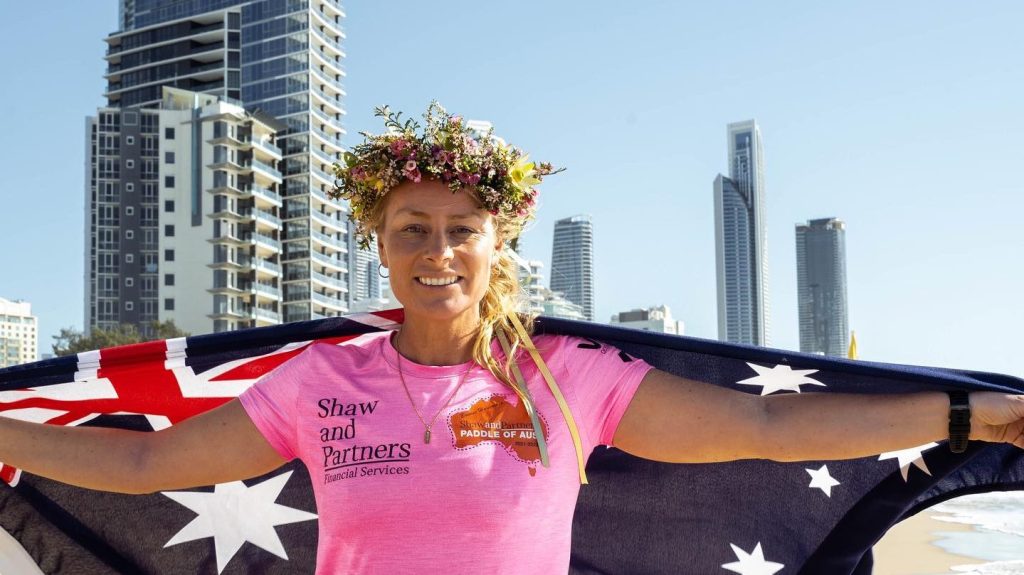 Bonnie Hancock safely back on the Gold Coast after competing a marathon paddle around the Australian continent. (Photo: Supplied)