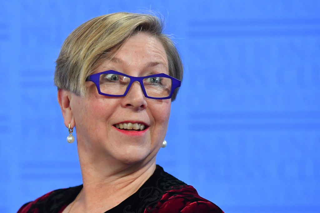 Coalition for Epidemic Preparedness Innovation Chair Jane Halton at the National Press Club in Canberra, Monday, May 18, 2020. (AAP Image/Mick Tsikas) NO ARCHIVING