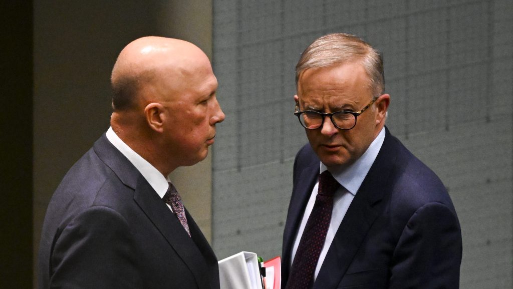 Prime Minister Anthony Albanese (right) and Opposition Leader Peter Dutton have both suffered drops in the latest opinion polls. (AAP Image/Lukas Coch) 