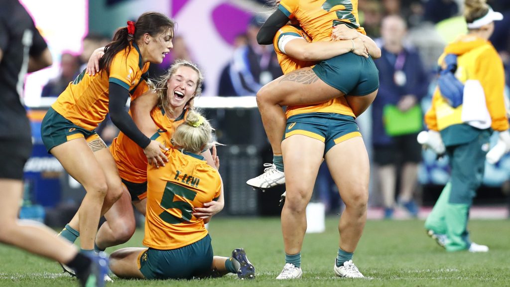 Team Australia react after winning the Rugby World Cup Sevens women's final match between New Zealand and Australia in Cape Town, South Africa, 11 September 2022.  EPA/NIC BOTHMA