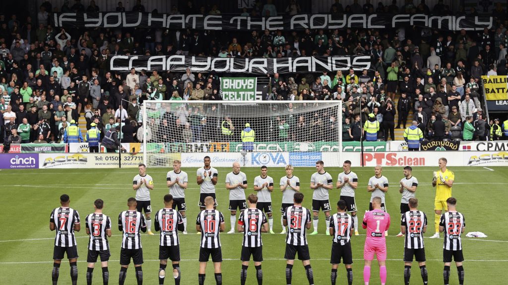 Celtic fans hold up a banner before the cinch Premiership match between Celtic Glasgow and St Mirren at The SMISA Stadium, St Mirren, Britain, Sunday September 18, 2022. (Steve Welsh/PA via AP)