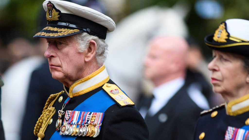 King Charles III following the Ceremonial Procession down The Mall, following the State Funeral of Queen Elizabeth II at Westminster Abbey, London.  Matt Crossick/Empics.