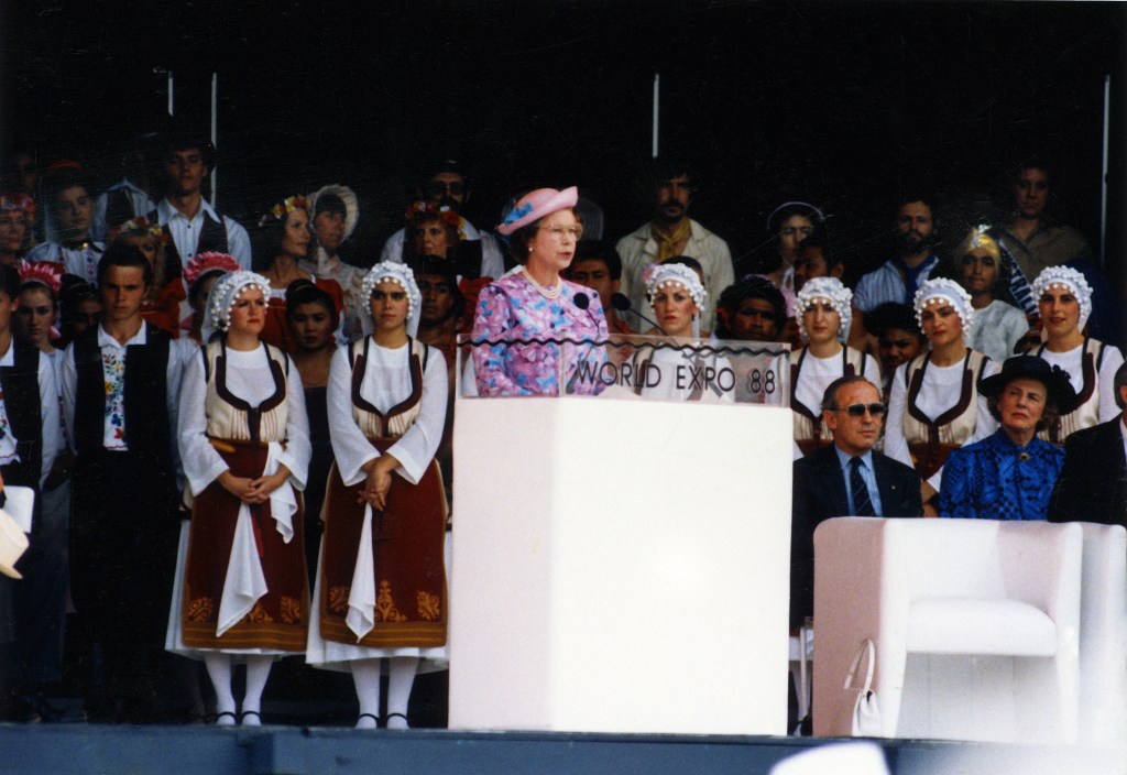 Queen Elizabeth II at the offical opening o Expo 88 in Brisbane on April 30, 1988.