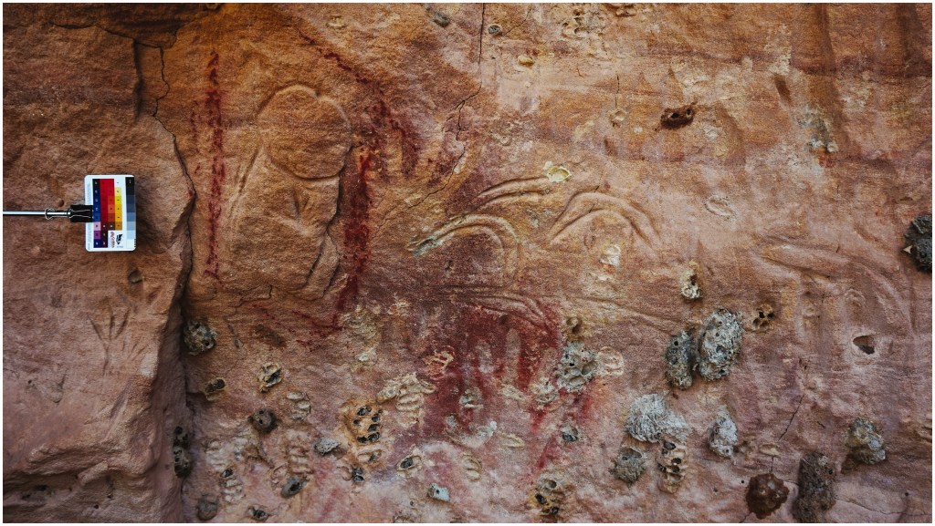 Part of the rock art site near Barcaldine showing a penis and boomerangs. (Photo: Supplied).