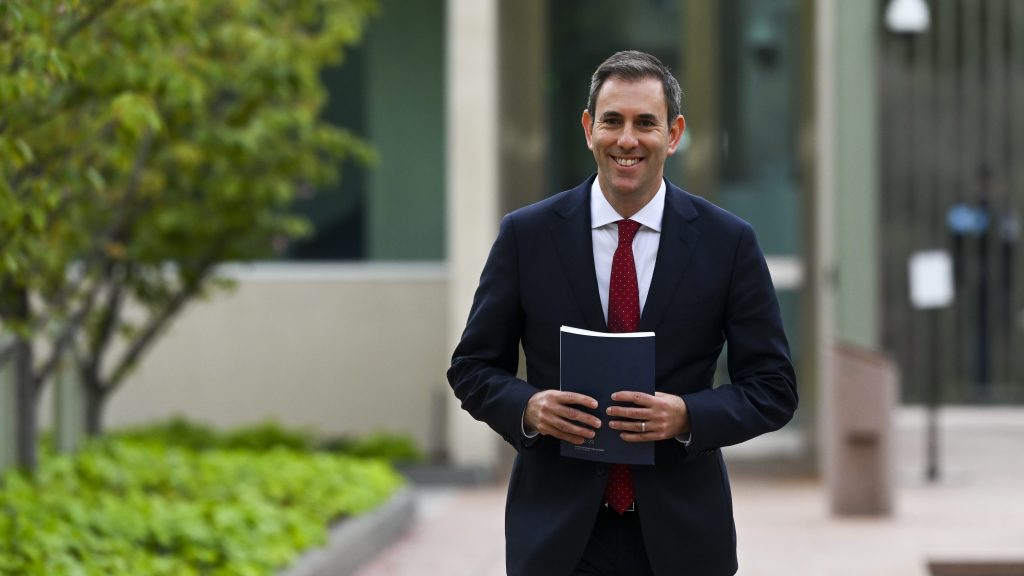 Treasurer Jim Chalmers in Canberra where he delivered the 2022 Federal Budget. Households and small businesses ae expected to be the big winners this year. (AAP Image/Lukas Coch) 