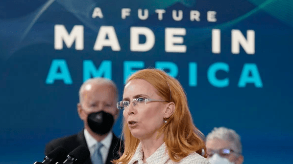 Tritium's Brisbane-based CEO Jane Hunter appears on stage with US President Joe Biden during a publicity blitz (image: Tritium).