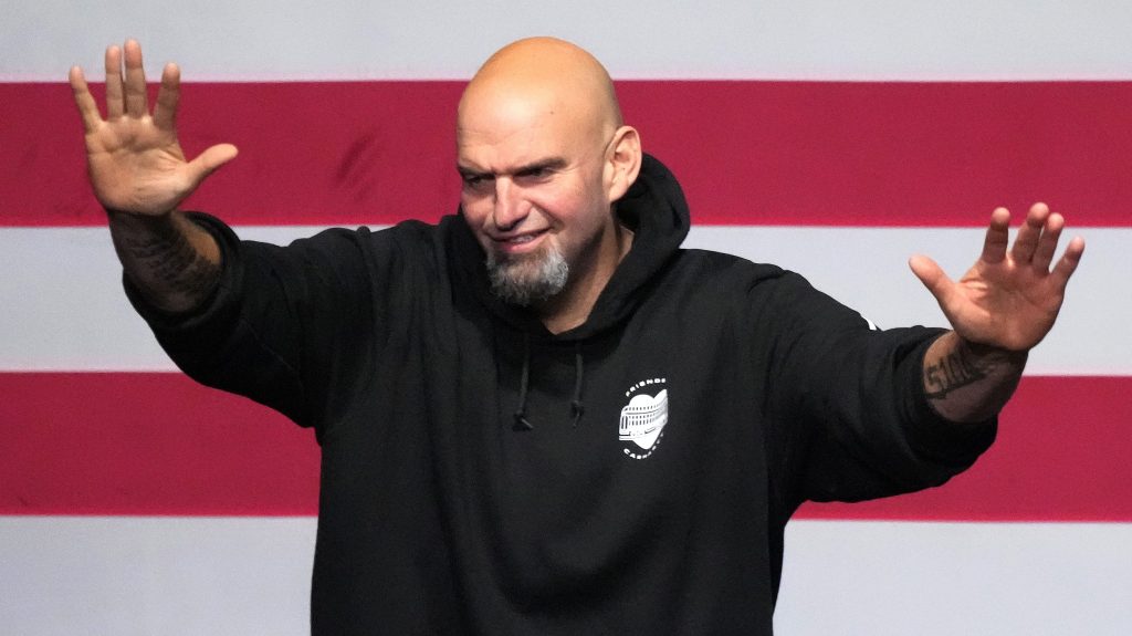 Pennsylvania Lt. Gov. John Fetterman, Democratic candidate for U.S. Senate from Pennsylvania, addresses supporters at an election night party in Pittsburgh2. (AP Photo/Gene J. Puskar)