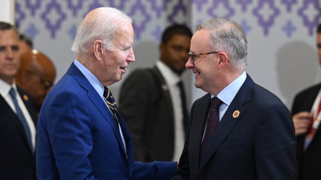 United States President Joe Biden and Australia’s Prime Minister Anthony Albanese after a bilateral meeting during the The Association of Southeast Asian Nations ASEAN Summit in Phnom Penh in Cambodia, Sunday,. (AAP Image/Mick Tsikas) 