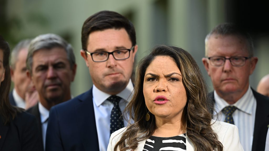 Nationals leader David Littleproud and Country Liberal Party senator Jacinta Price explain the party room decision to oppose the Indigenous Voice to parliament. . (AAP Image/Mick Tsikas) 