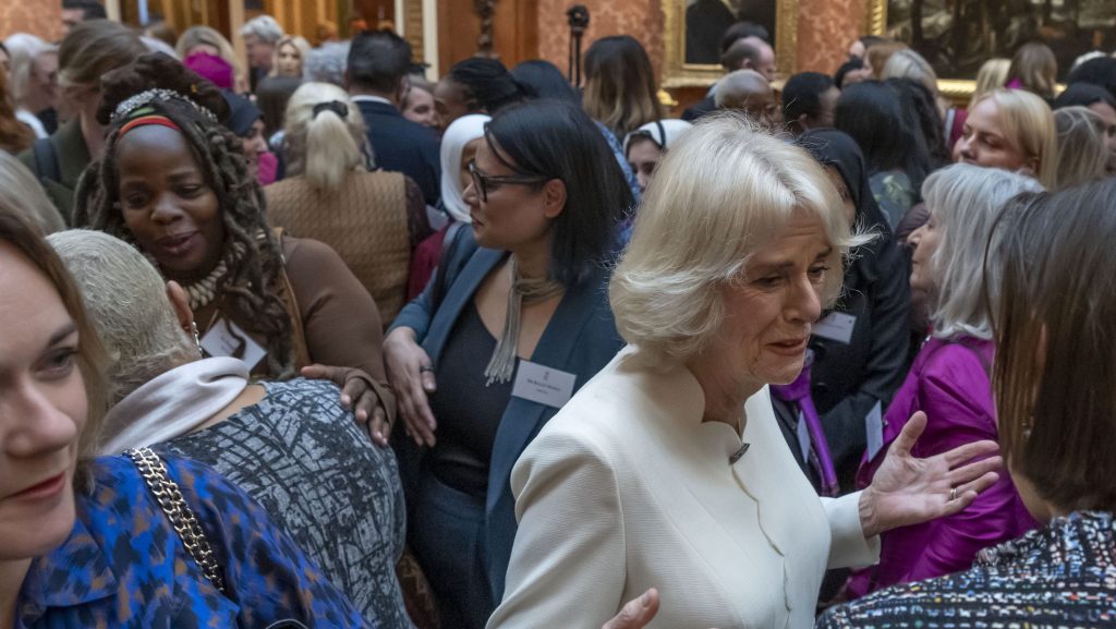  Charity leader Ngozi Fulani, centre left, attends a reception held by Britain's Camilla, the Queen Consort to raise awareness of violence against women and girls as part of the UN 16 days of Activism  (AP Photo/Kin Cheung, Pool, File)