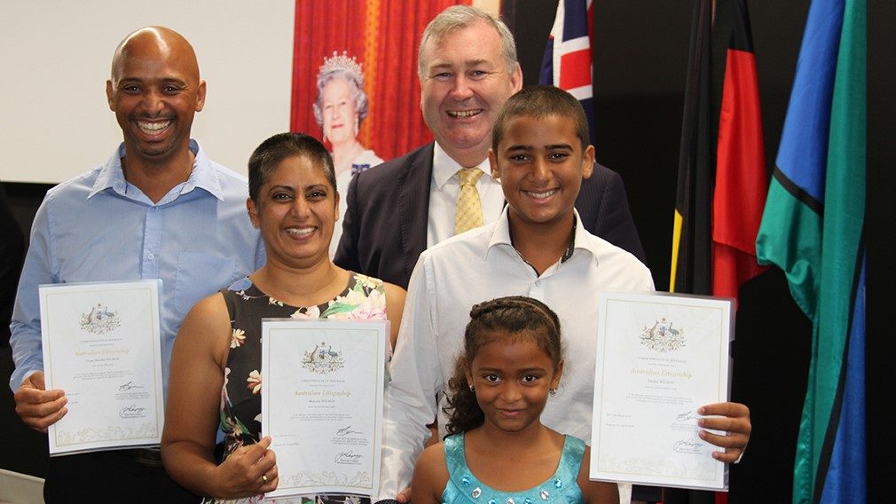 Bundaberg mayor Jack Dempsey with a family of new Australian citizens. (Image: Bundaberg Regional Council)