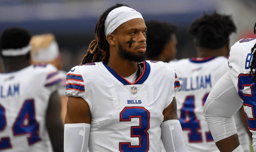 NFL star Damar Hamlin is showing signs of improvement after his near-fatal cardiac arrest during a match this week. (ABC image).