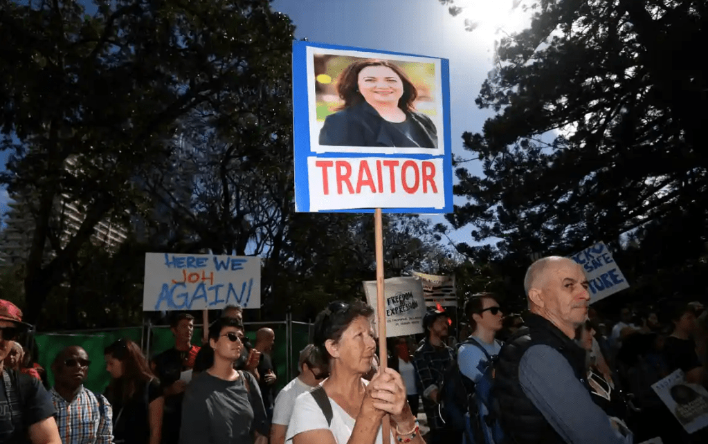 The marauding mature-aged protestors about to bring their reign of terror to Queensland Parliament. (Image Dan Peled, AAP)