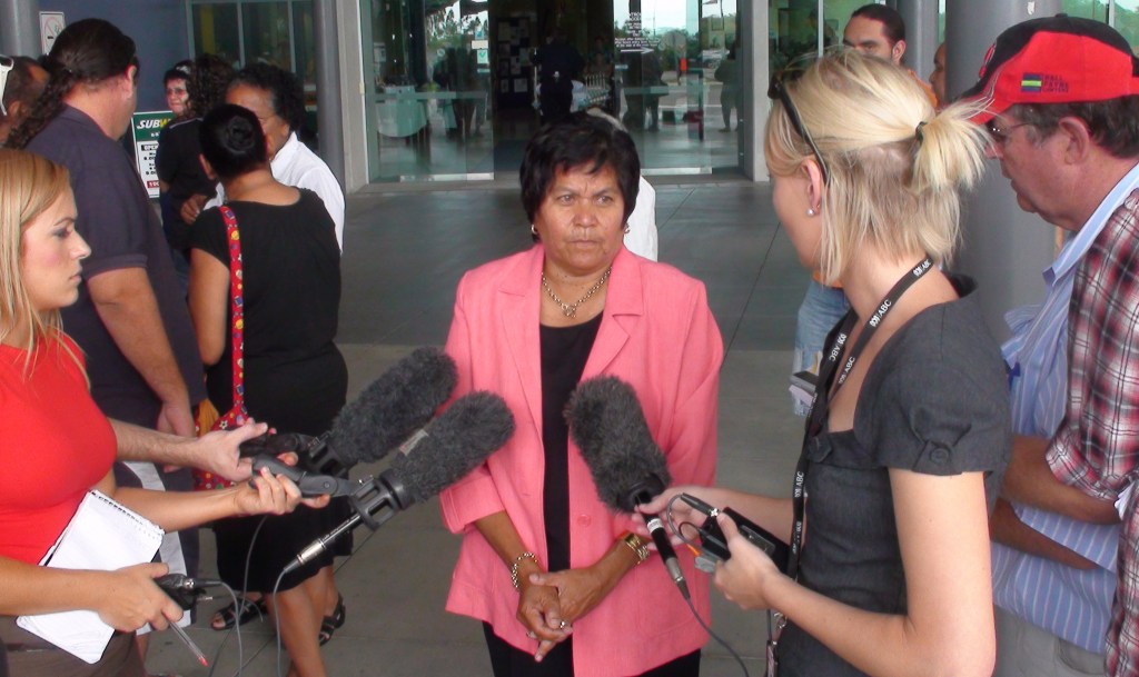 Aboriginal Activist Gracelyn Smallwood speaks to reporters outside Townsville Hospital in north Queensland, Friday, April 16, 2010. Ms Smallwood said her family is devastated by the death of her 27-year-old nephew Lyji Vaggs, who died after being restrained at a Townsville mental health unit. (AAP Image/Evan Schwarten) NO ARCHIVING