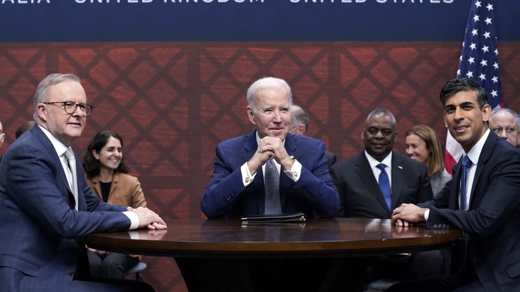 President Joe Biden participates in a meeting with British Prime Minister Rishi Sunak and Australian Prime Minister Anthony Albanese at Naval Base Point Loma, Monday, March 13, 2023, in San Diego. (AP Photo/Evan Vucci)