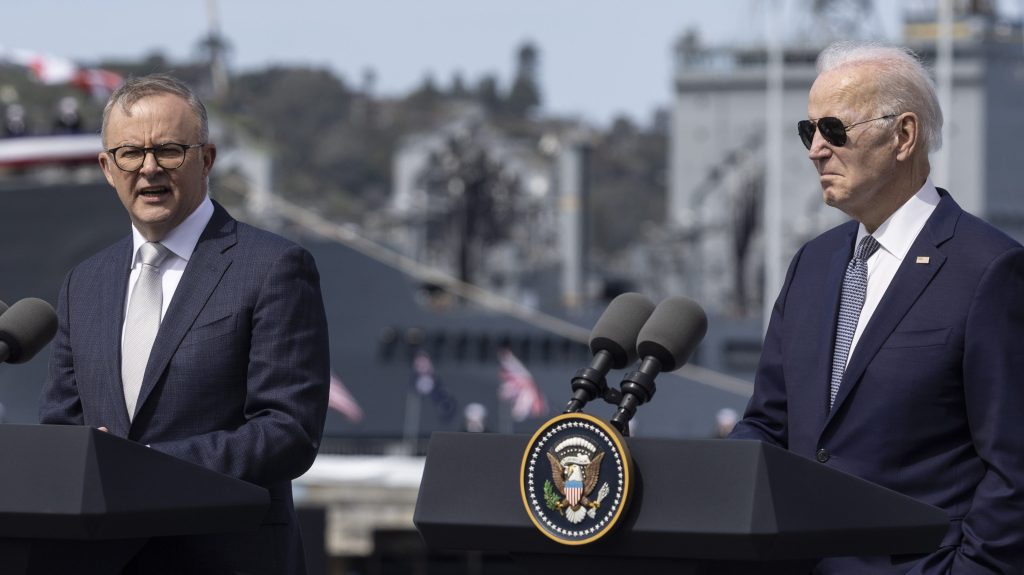 epa10521485 Australia Prime Minister Anthony Albanese (L) delivers a speech during a press conference with President Joe Biden (R) and United Kingdom Prime Minister Rishi Sunak (Not Pictured) at the Naval Base Point Miramar in San Diego, California, USA, 13 March 2023. The three leaders announced that Australia will purchase nuclear-powered attack submarines from the U.S.  EPA/ETIENNE LAURENT