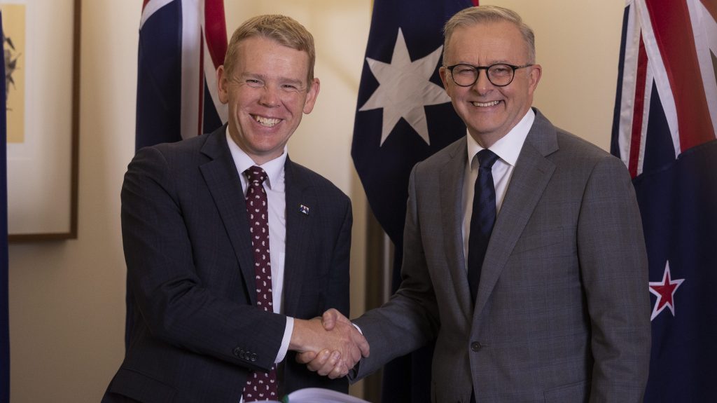 New Zealand Prime Minister Chris Hipkins, left, and Australian Prime Minister Anthony Albanese. (AP Photo/Hilary Wardhaugh)