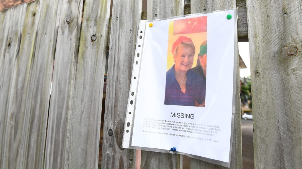A missing person sign is seen at a crime scene on Maryvale Street in Toowong, where missing woman Lesley Trotter was last seen. (AAP image) 