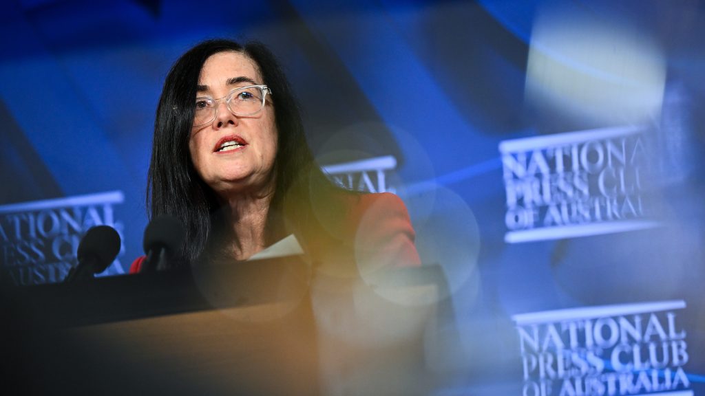 Australian Competition and Consumer Commission (ACCC) chair Gina Cass-Gotlieb addresses the National Press Club in Canberra. (AAP Image/Lukas Coch) 