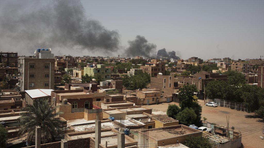 Smoke is seen in Khartoum, Sudan, Saturday. The fighting in the capital between the Sudanese Army and Rapid Support Forces resumed after an internationally brokered cease-fire failed. (AP Photo/Marwan Ali)
