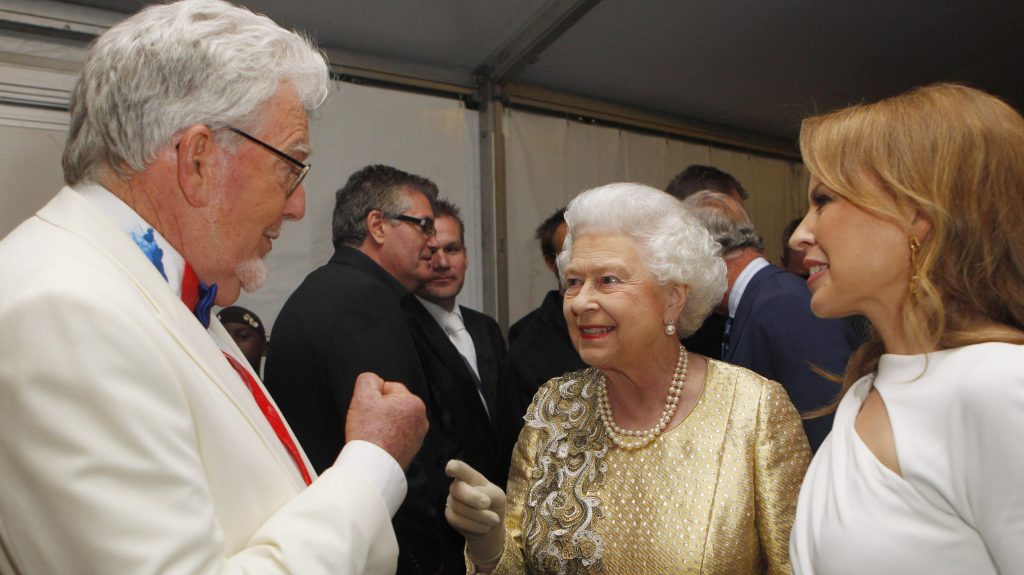  Rolf Harris (left) with Queen Elizabeth II and Kylie Minogue backstage at The Diamond Jubilee Concert outside Buckingham Palace (Dave Thompson/PA Wire)