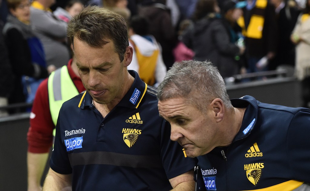 Hawthorn Hawks coach Alastair Clarkson (left) and former assistant, not Lions coach Chris Fagan are seen after the game against the Port Adelaide Power in round 21 of the AFL, 2015. (AAP Image/Julian Smith)