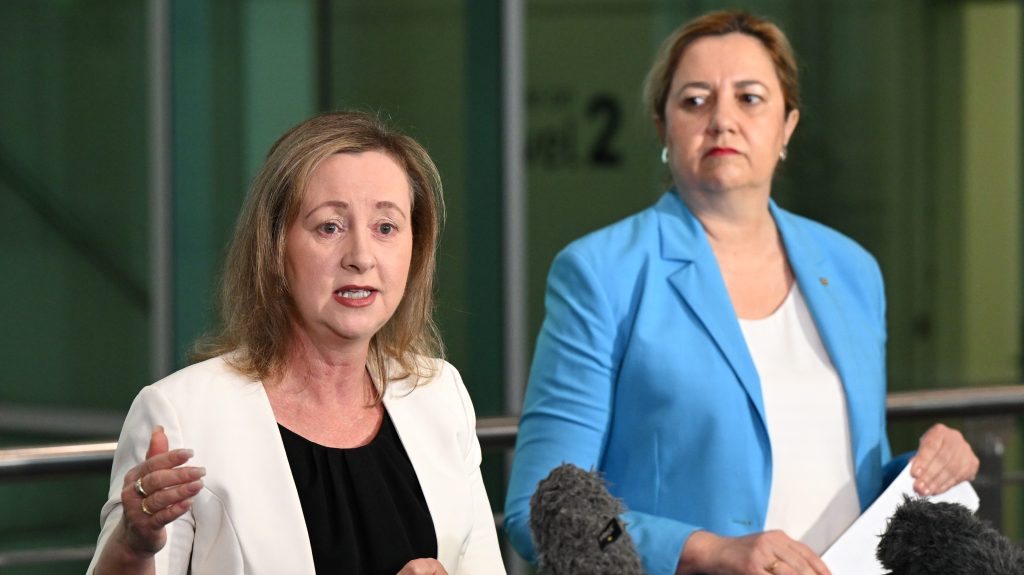 Queensland's soon-to-be former Health Minister Yvette D’Ath (left) and Premier Annastacia Palaszczuk (right) speak to media during a press conference at the Royal Brisbane and Women's Hospital. (AAP Image/Darren England)