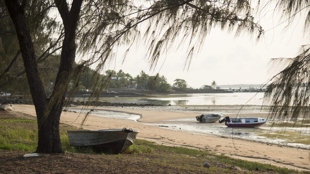 Bayo Beach on Thursday Island, near where a man in an outrigger canoe has gone missing. . (AAP Image/Aaron Bunch) 