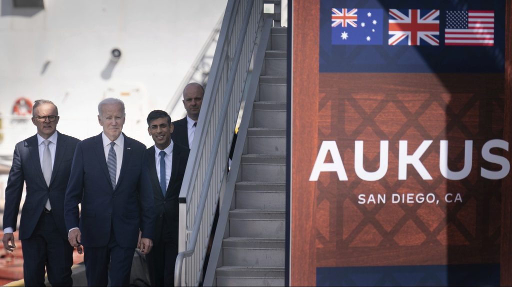 Britain's Prime Minister Rishi Sunak, right, during a meeting with U.S. President Joe Biden, center, and Prime Minister of Australia Anthony Albanese, left, at Point Loma naval base in San Diego as part of Aukus, a trilateral security pact between Australia, the UK, and the U.S. (Stefan Rousseau/Pool Photo via AP)