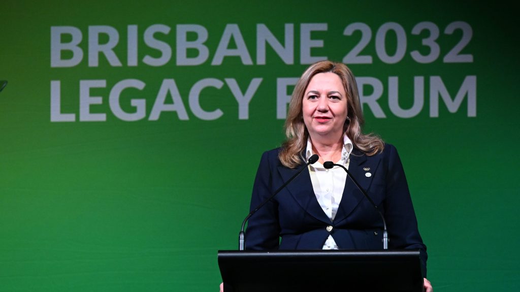 Queensland Premier Annastacia Palaszczuk speaks during an Olympic and Paralympic Games 2032 Legacy Forum at the Royal International Conference Centre. (AAP Image/Darren England)