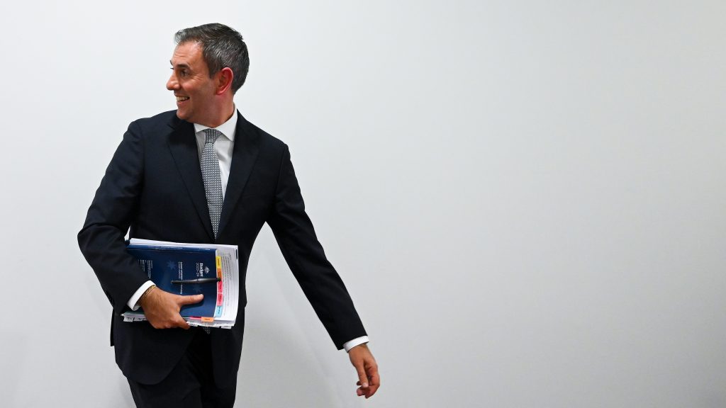 Treasurer Jim Chalmers tours the Budget lockup at Parliament House in Canberra, Tuesday. (AAP Image/Lukas Coch) 