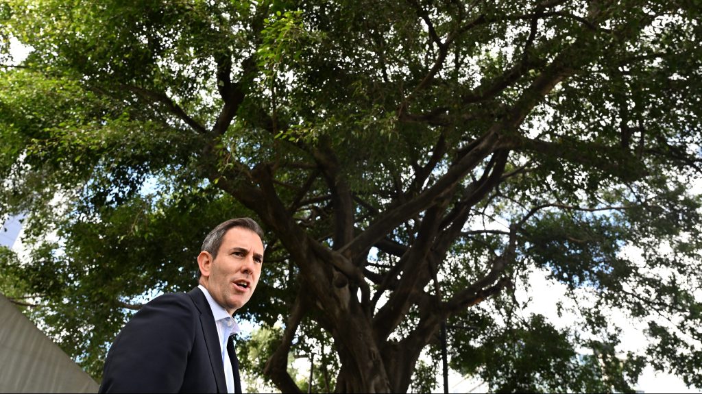 Federal Treasurer Jim Chalmers speaks to media during a press conference at Alexandria Park in Brisbane, Friday.  (AAP Image/Darren England) NO ARCHIVING