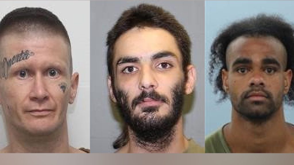 A supplied triptych obtained on Sunday, May 14, 2023, of (L-R) Daniel Ian Babcock, Osiah Pilton and Antonio David Mene, who absconded from Palen Creek Correctional Centre at 14 May 2023. Queensland police have launched a search for three men who have escaped from the Palen Creek Correctional Centre on Sunday. (AAP Image/Supplied by Queensland Police Service)