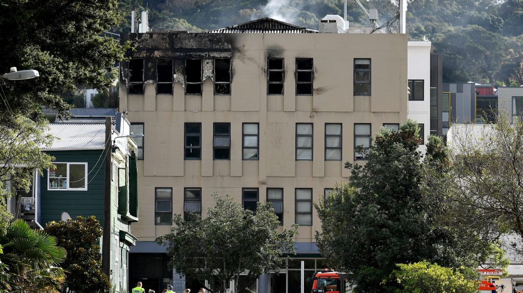 An exterior view of the Loafers Lodge after a fatal hostel fire in Wellington, NZ, Tuesday, May 16, 2023. Multiple people are believed to be dead after a "worst nightmare" fire at a 92-room hostel in New Zealand. (AAP Image/Masanori Udagawa) 