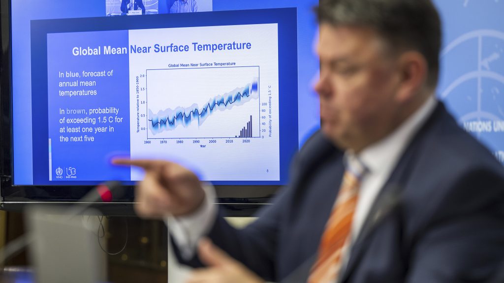 A temperature curve is displayed as Petteri Taalas, Secretary-General of World Meteorological Organization (WMO), speaks about the Global Climate Update with predictions for 2023-2027. (Martial Trezzini/Keystone via AP)